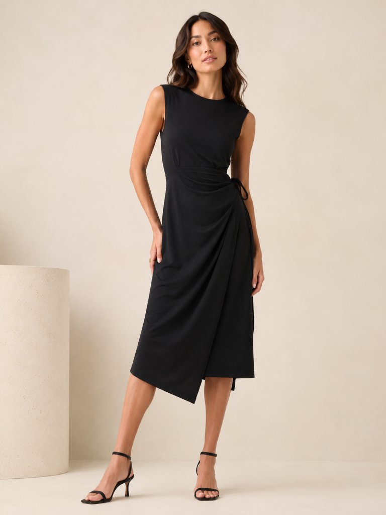 Banana Republic Cece Knit Faux Wrap Asymmetrical Midi Dress Black Xl
